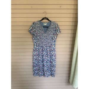 Boden Dress Womens 8 Blue V Neck Short Sleeve‎ Dotted Art Midi